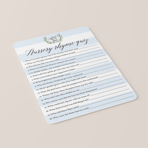 Nursery Rhyme Quiz printable for elephant themed boy baby shower ...