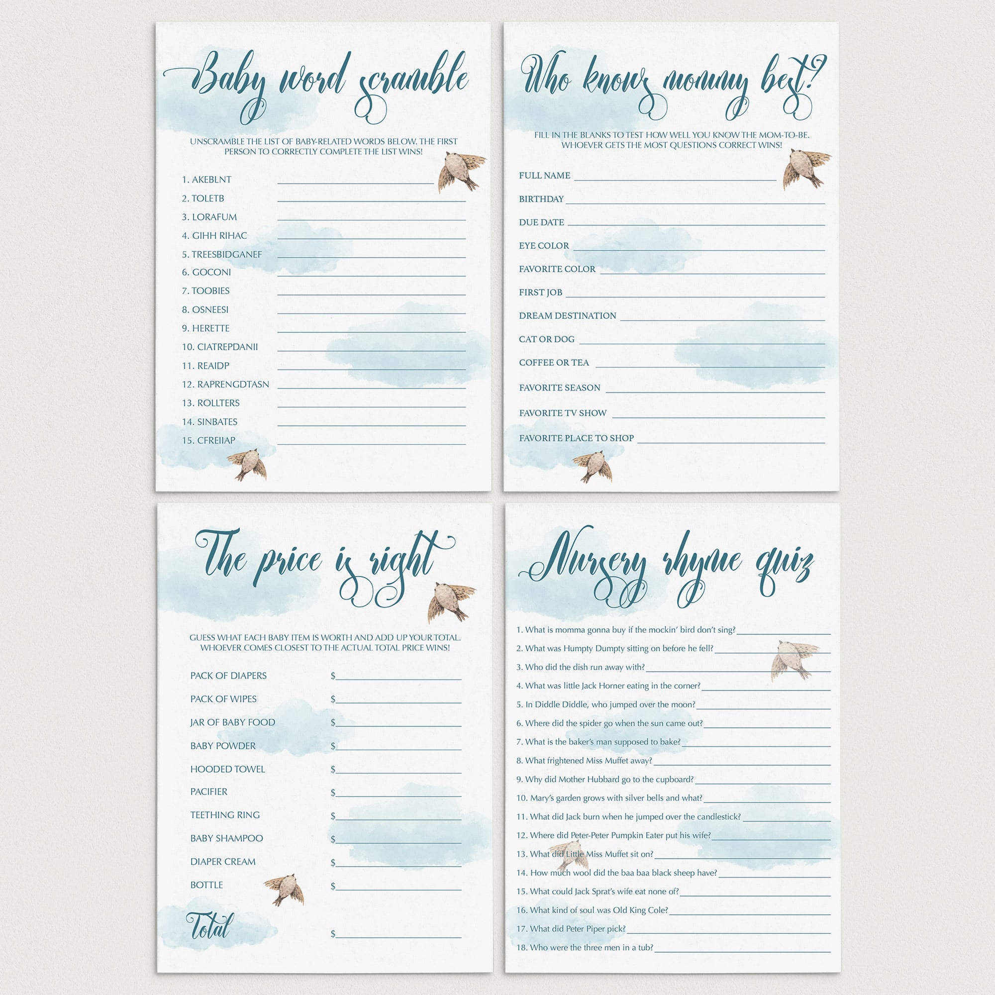 Instant download blue baby shower games by LittleSizzle