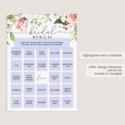 Floral Bridal Bingo Cards Prefilled, Blank and Template – LittleSizzle