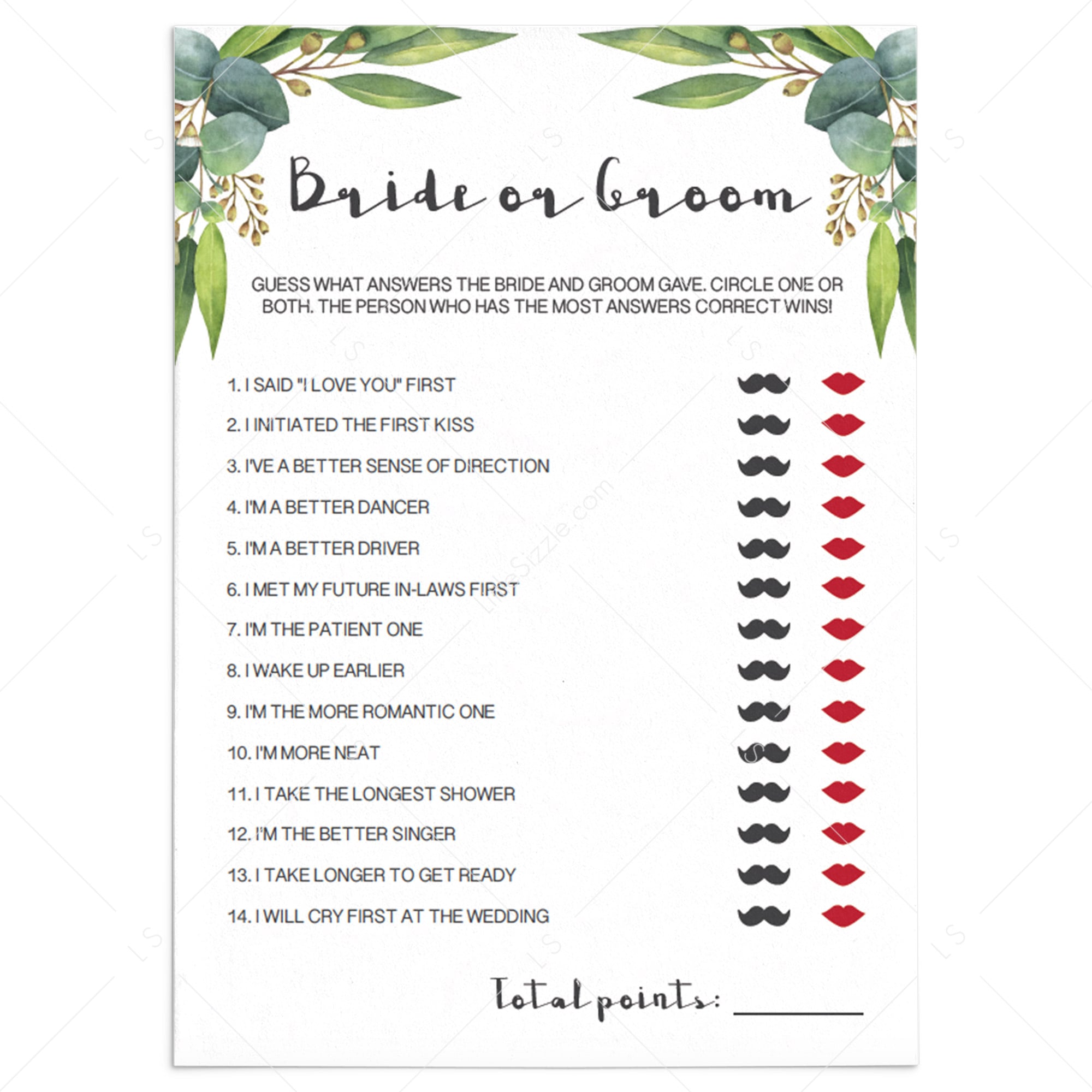 bridal shower bride or groom game printable by LittleSizzle