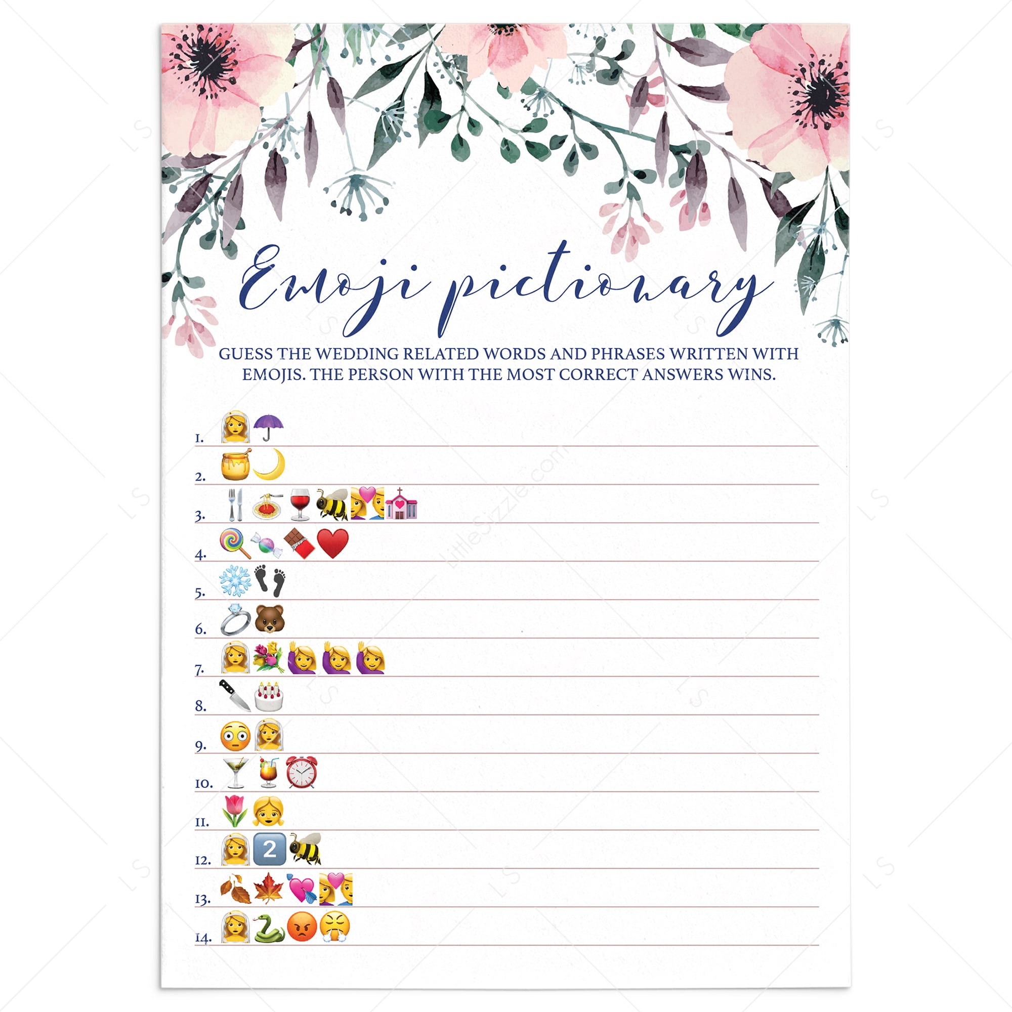 Bridal Emoji Game for Wedding Shower Floral by LittleSizzle