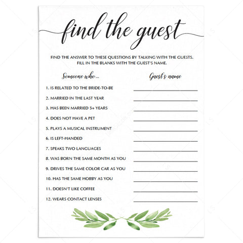 Greenery Bridal Shower Game - Find the Guest Editable Template ...