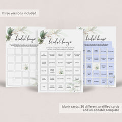 prefilled bingo cards for bridal shower greenery themed