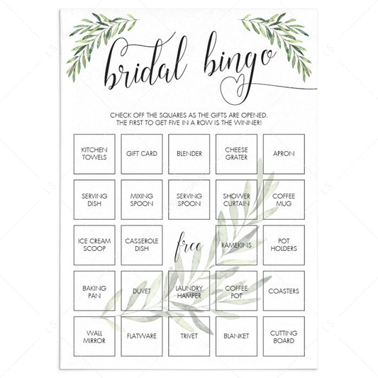 Greenery Bridal Shower Bridal Bingo Game Cards Printable by LittleSizzle