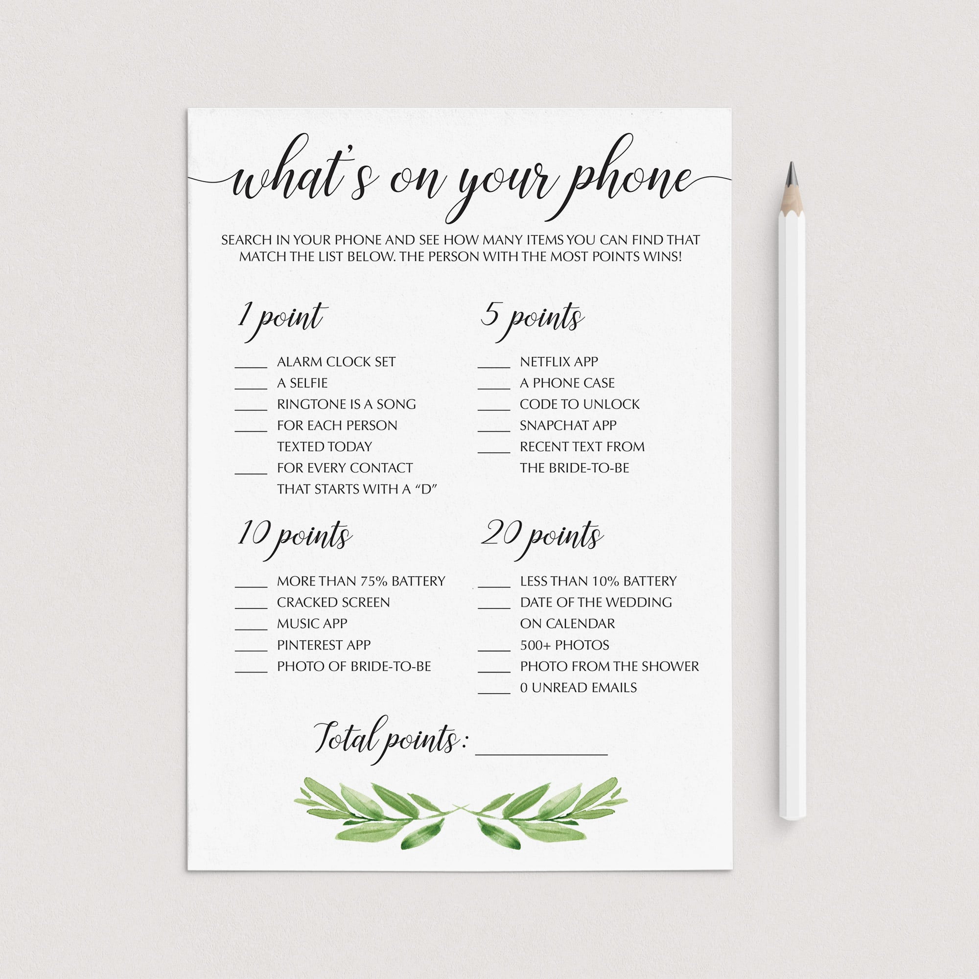 Greenery Bridal Shower Games Whats on Your Phone by LittleSizzle