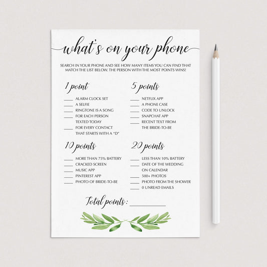 Greenery Bridal Shower Games Whats on Your Phone by LittleSizzle