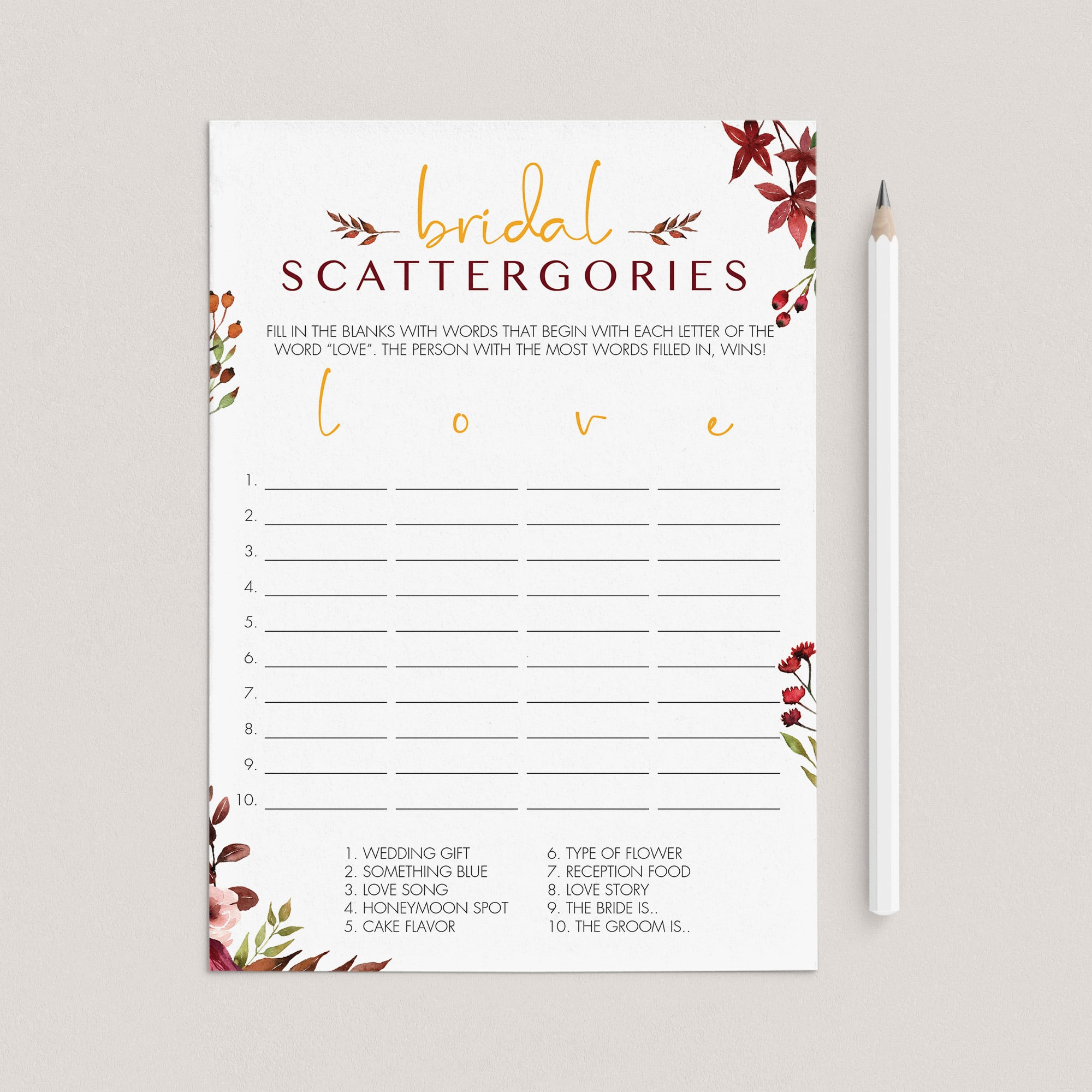 Boho bridal shower games scattergories printable by LittleSizzle
