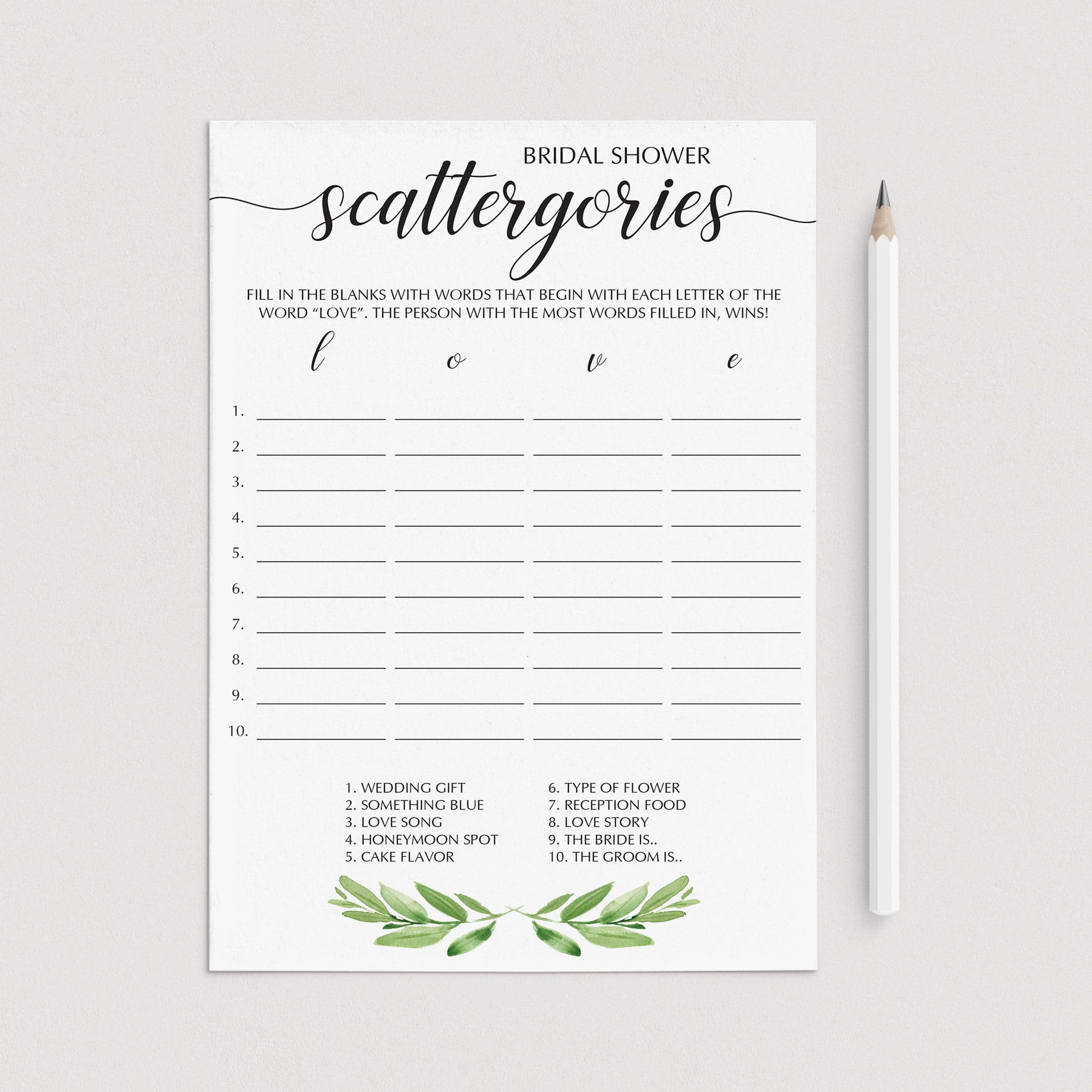 Greenery bridal shower game ideas scattergories by LittleSizzle