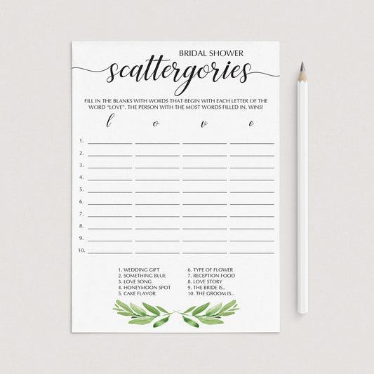 Greenery bridal shower game ideas scattergories by LittleSizzle
