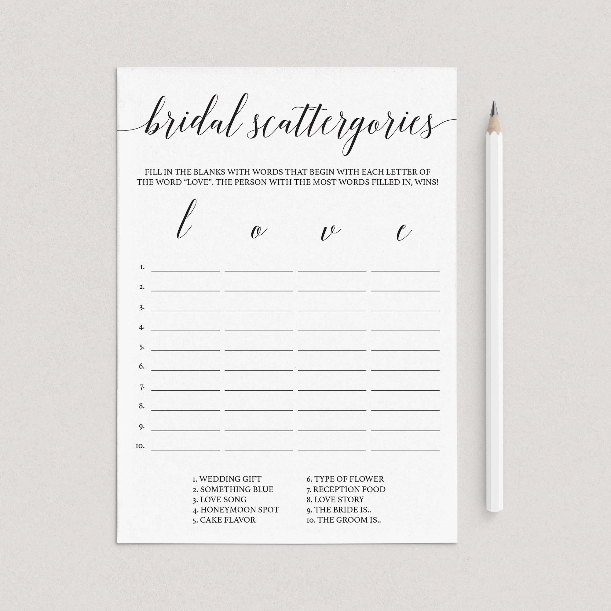 Simple Bridal Shower Game Scattergories Download by LittleSizzle