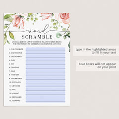 Blush Floral Wedding Games Word Scramble Printable & Virtual