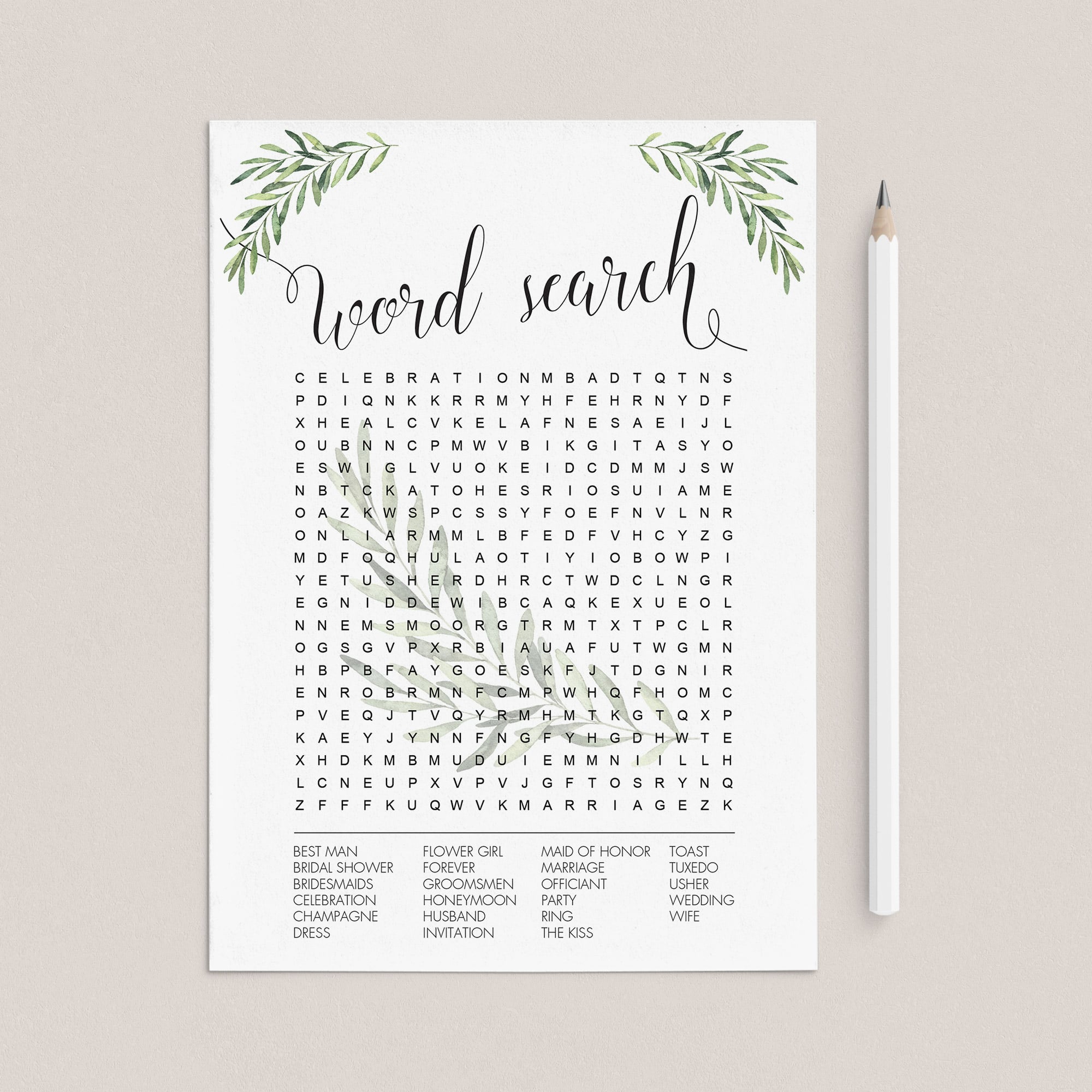 Wedding Word Search Game Printable Greenery Theme by LittleSizzle