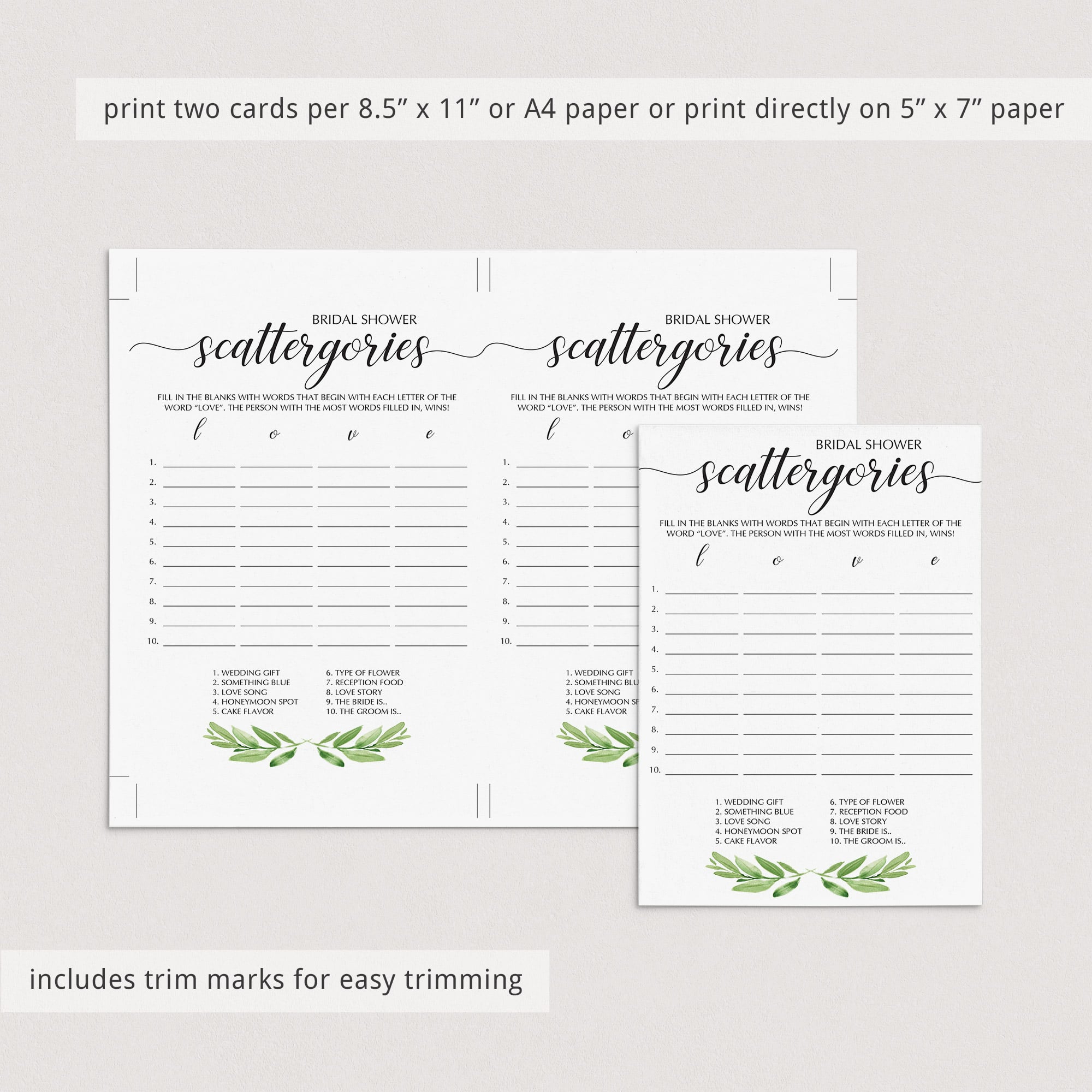 Greenery bridal party games printables by LittleSizzle