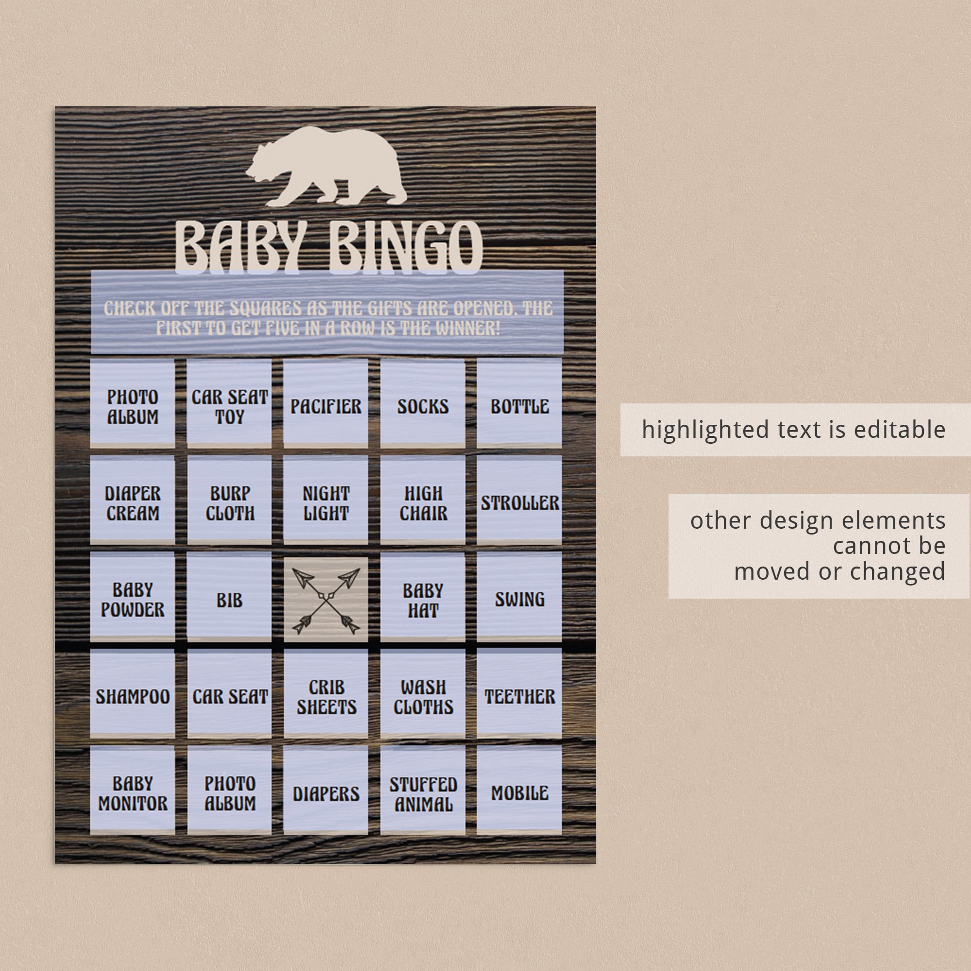 Editable baby bingo template for boy baby shower by LittleSizzle