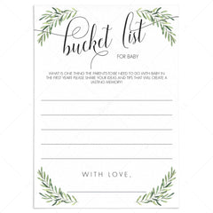 Greenery Bucket List for Baby Shower Game Printable by LittleSizzle