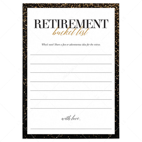 Retiree Bucket List Cards Printable | Black & Gold Retirement Party ...