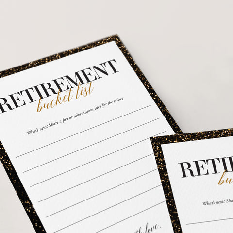 Retiree Bucket List Cards Printable | Black & Gold Retirement Party ...