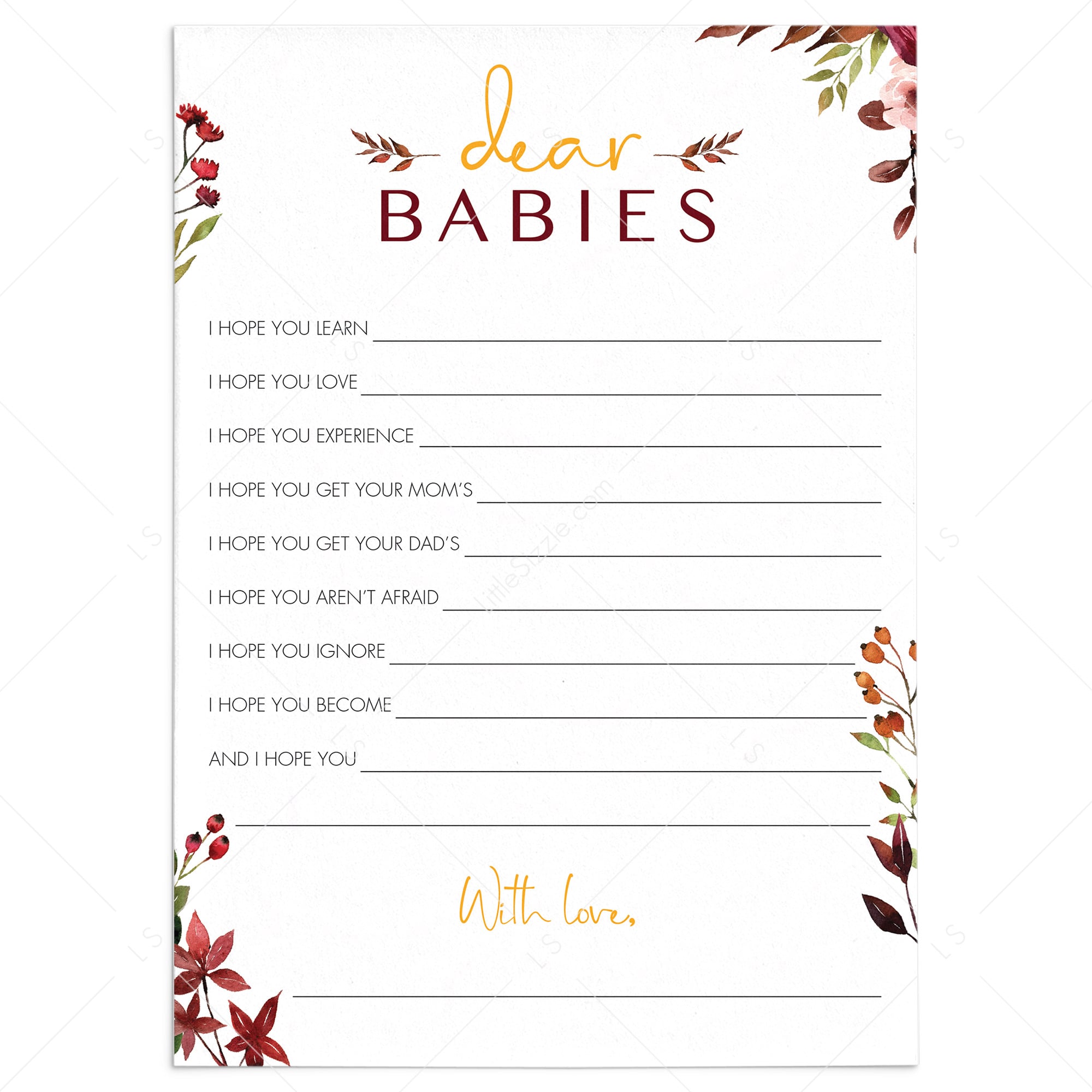 Printable Dear Babies Wishes Card with Burgundy Flowers by LittleSizzle