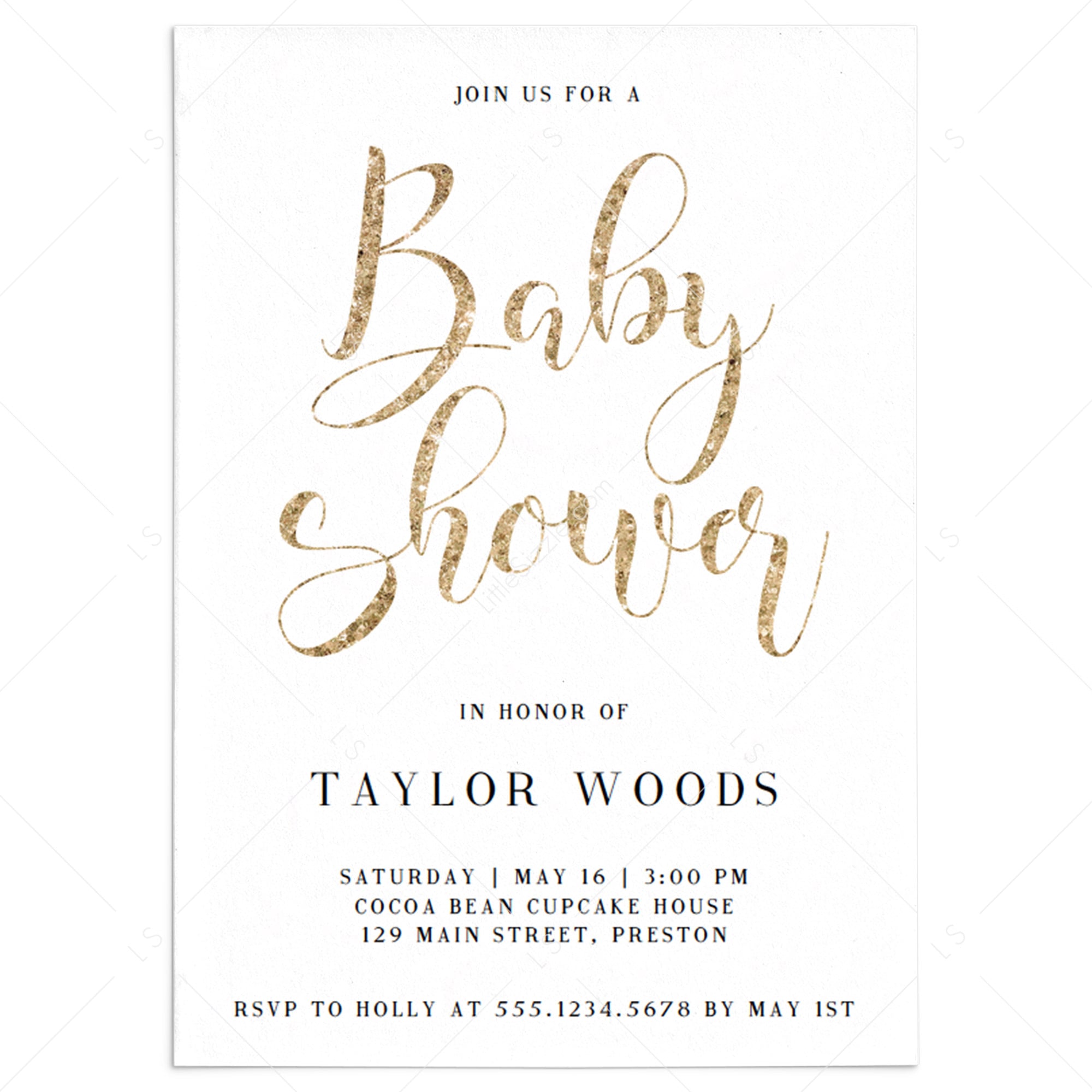 Gold glitter baby shower invitation template download by LittleSizzle