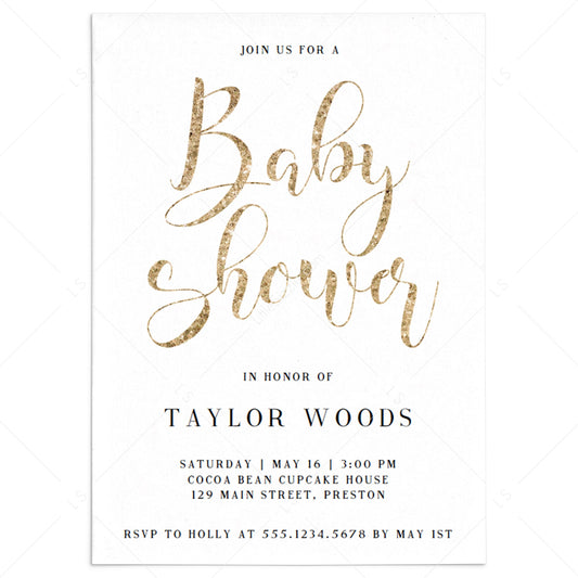 Gold glitter baby shower invitation template download by LittleSizzle