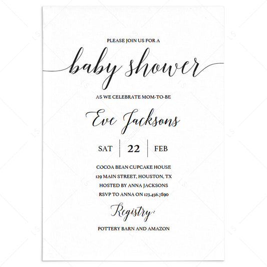 Calligraphy Baby Shower Invitation Template Black and White by LittleSizzle