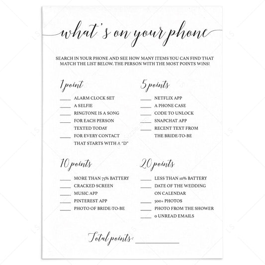 Modern Bridal Shower Game What's On Your Phone Printable by LittleSizzle