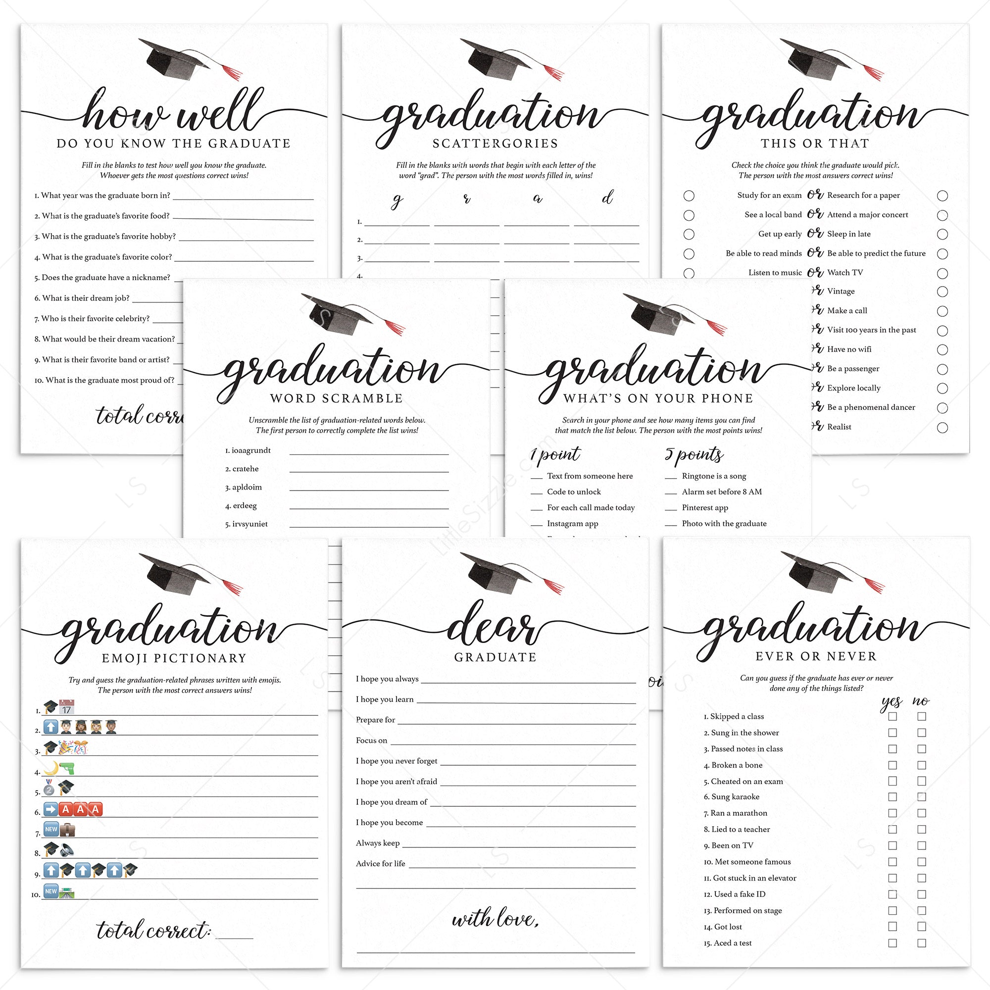 8 Printable Graduation Games Calligraphy by LittleSizzle