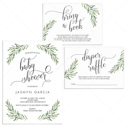 Editable Baby Shower Invitation Bundle Greenery Olive Leaves by LittleSizzle