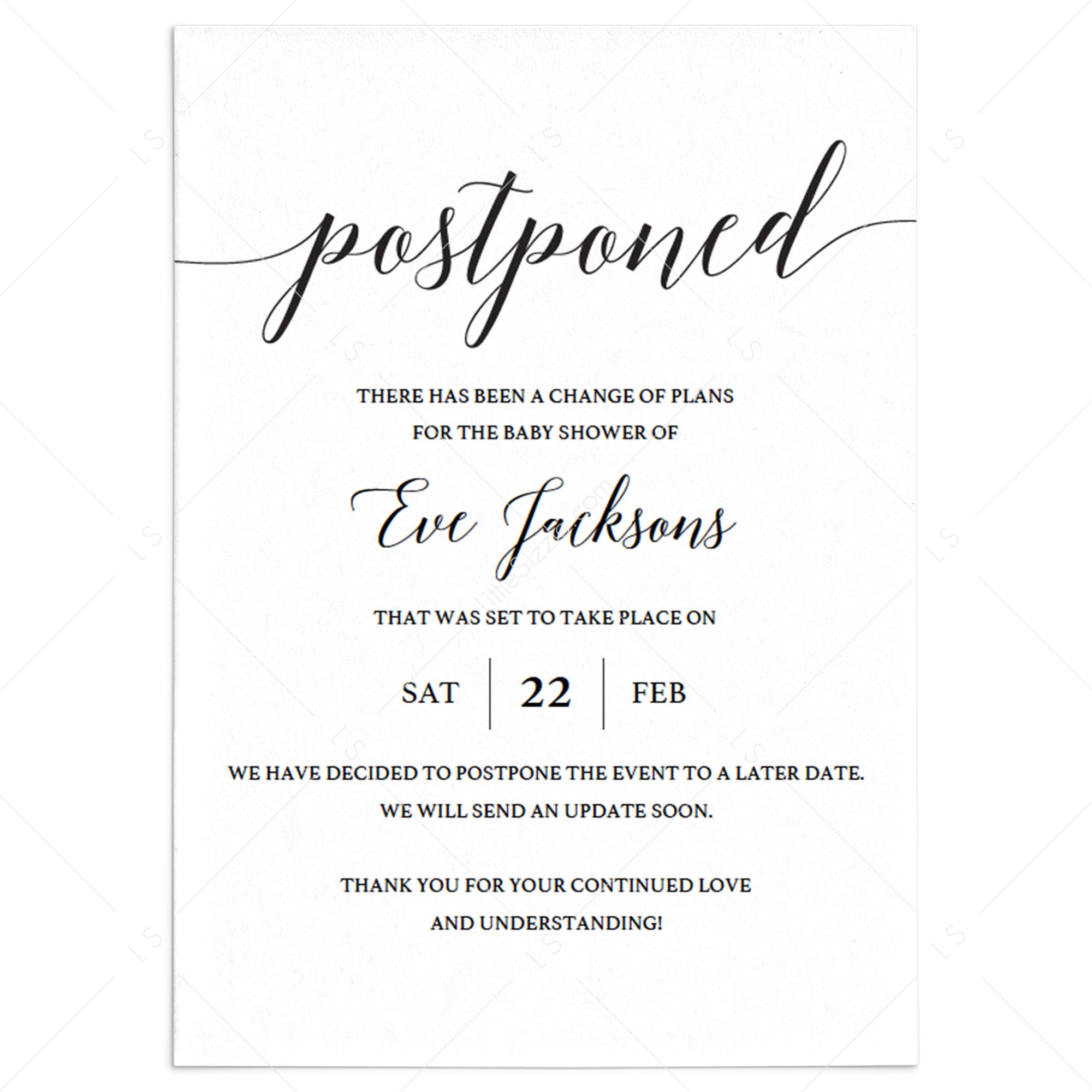 Postponed Baby Shower Announcement Card Template by LittleSizzle