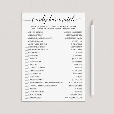 Printable Candy Bar Match baby shower game | Black &amp; White – LittleSizzle