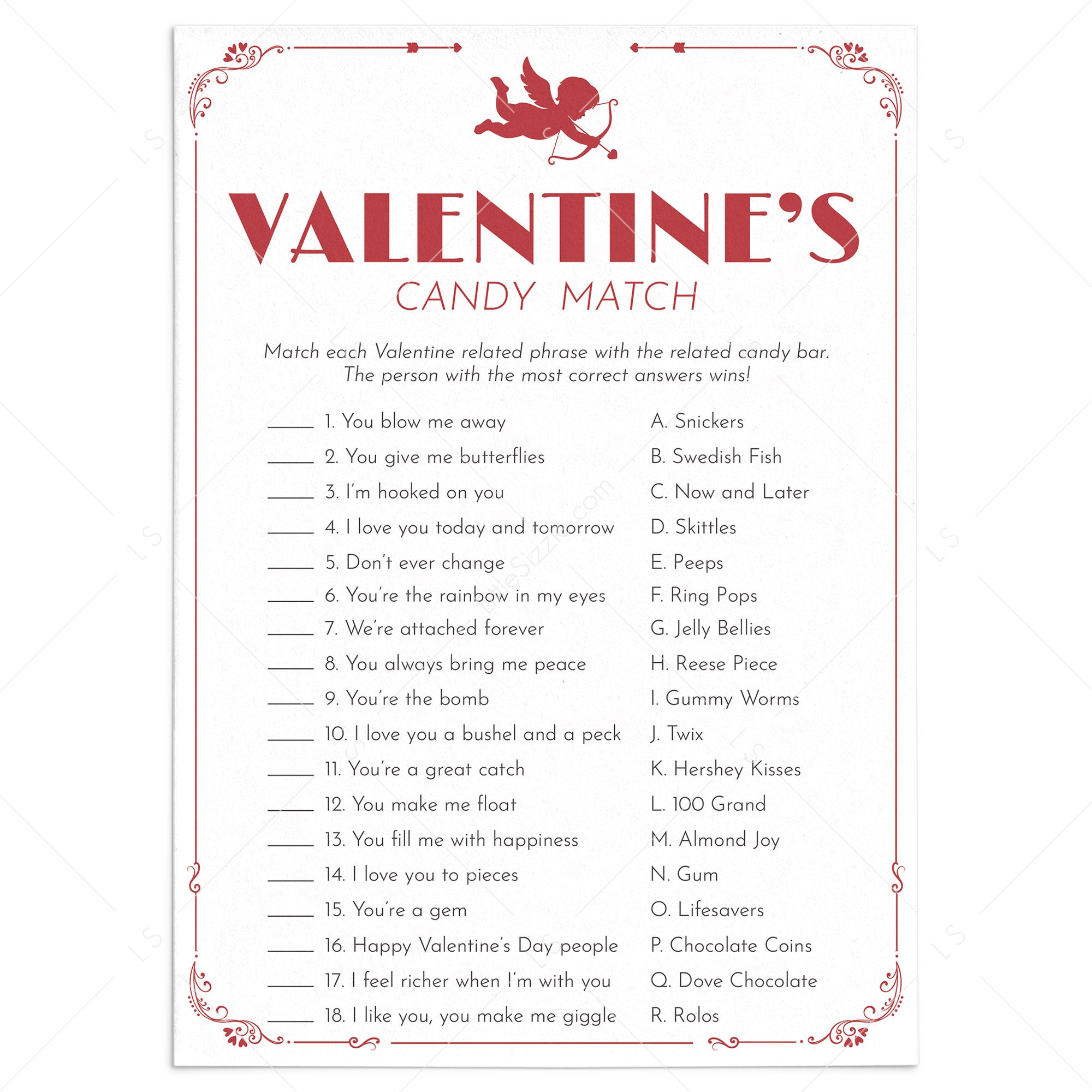 Valentines Candy Bar Match Game Printable by LittleSizzle