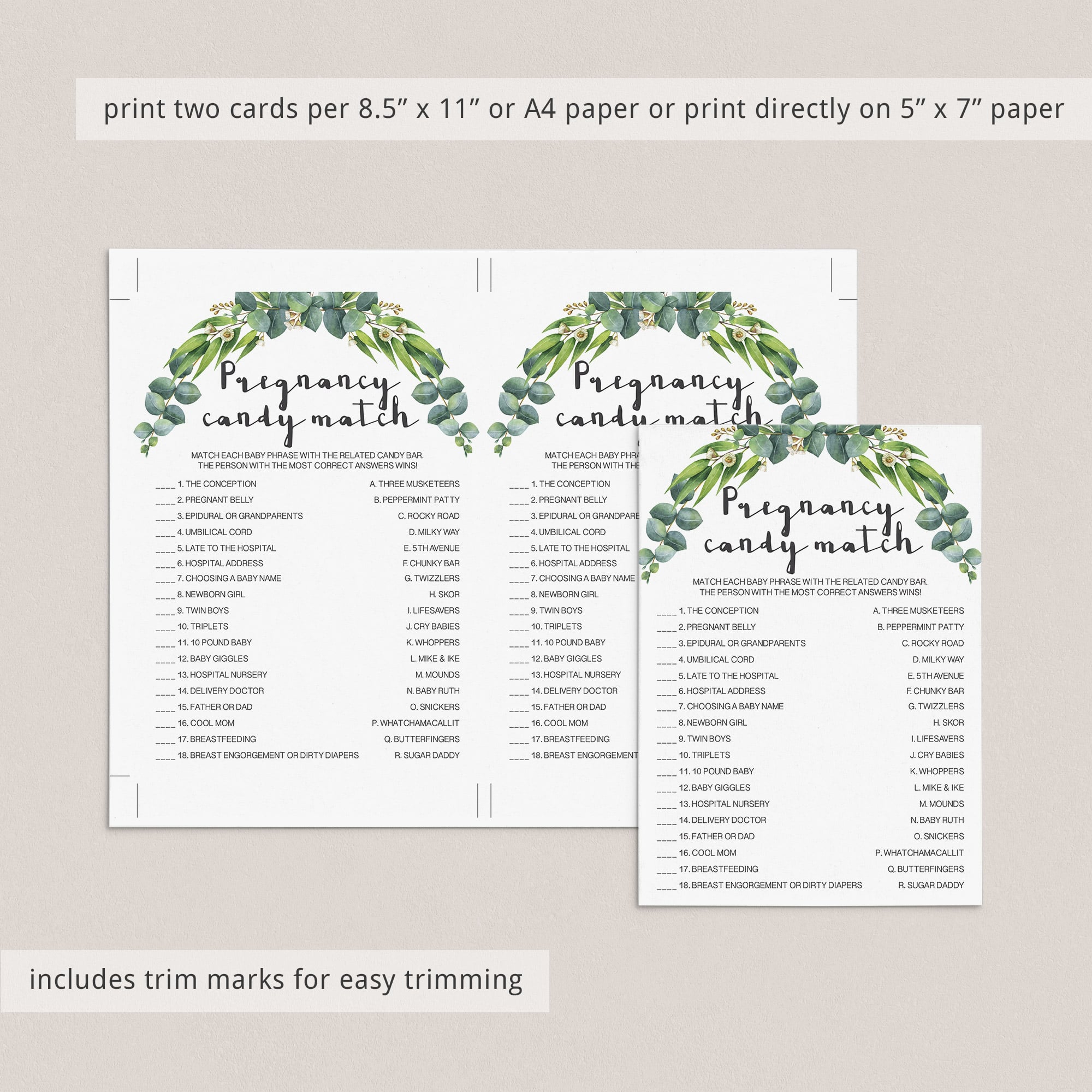 Printable pregnancy candy match game greenery theme by LittleSizzle