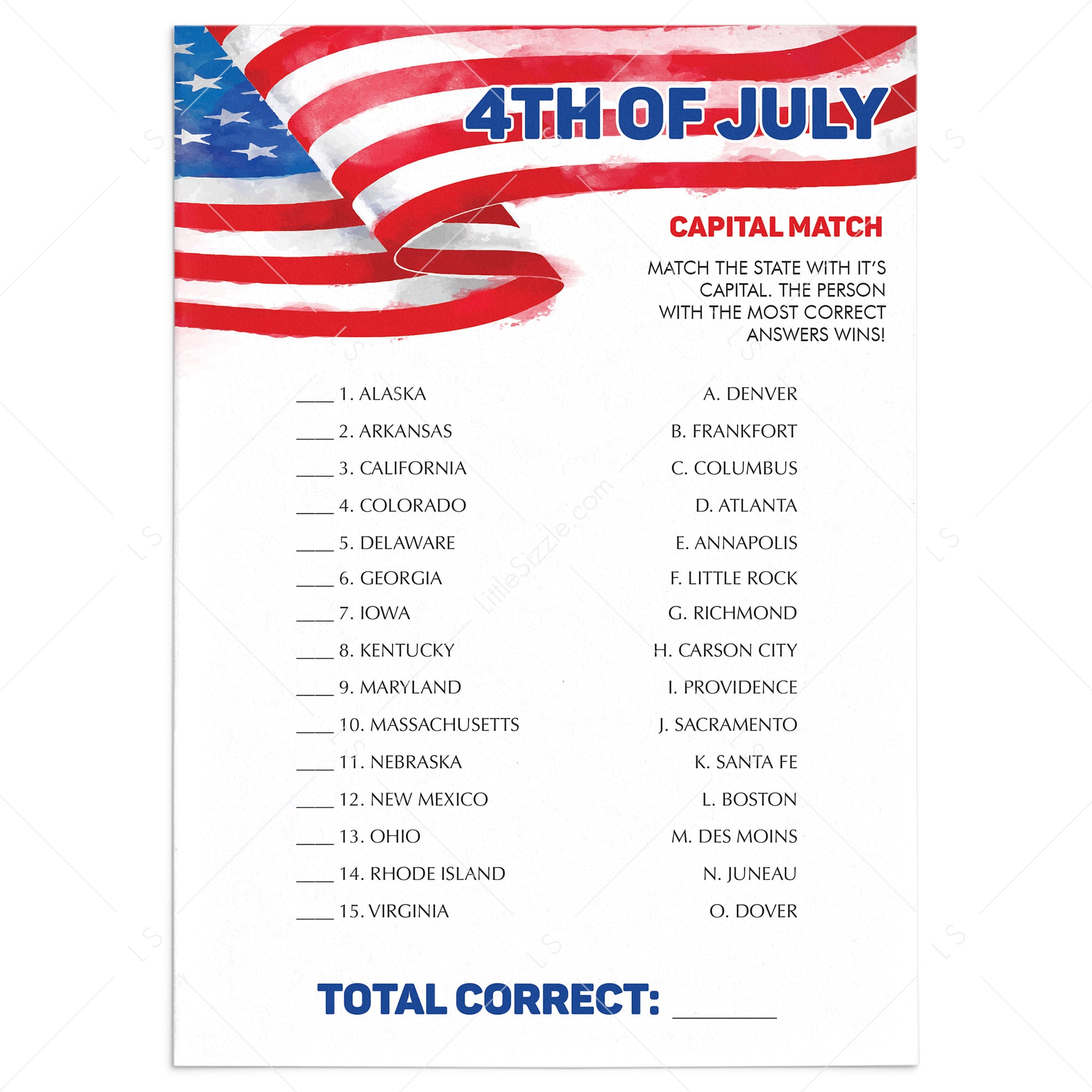 Patriotic Independence Day Capital Matching Game by LittleSizzle