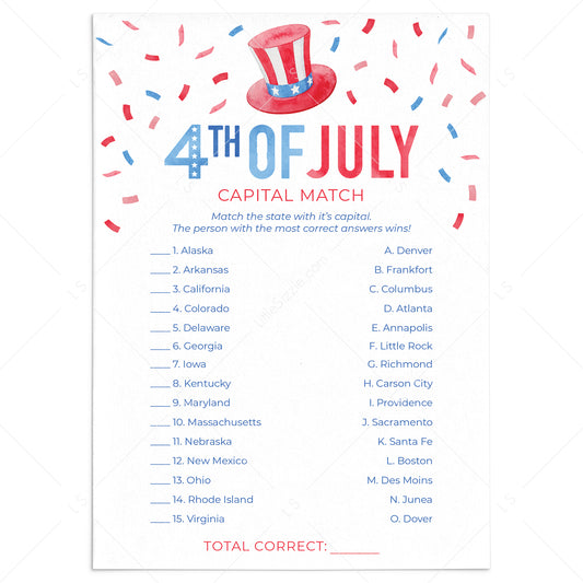 4th of July Game US Capital Match with Answers by LittleSizzle
