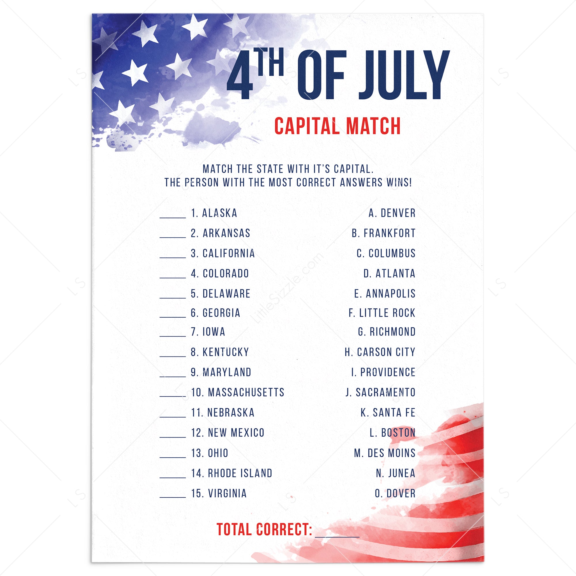 4th of July USA Capitals Game with Answer Key by LittleSizzle