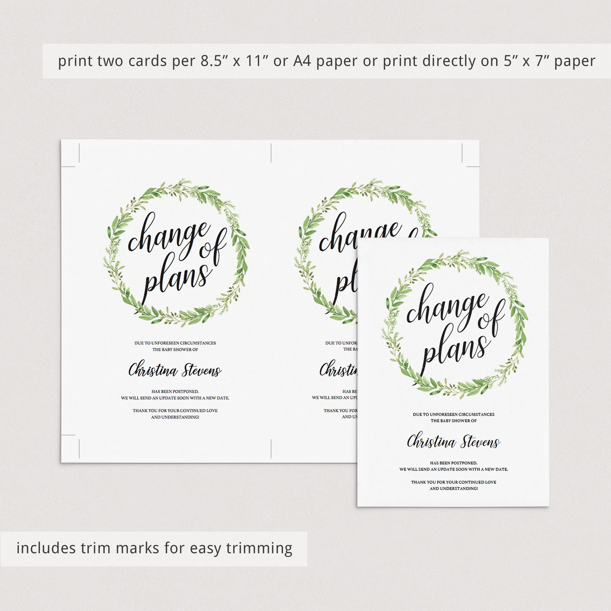 Green wreath baby shower change of plans new date card by LittleSizzle