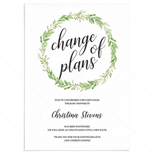 Greenery Baby Shower Postponement Template Change of Plans by LittleSizzle