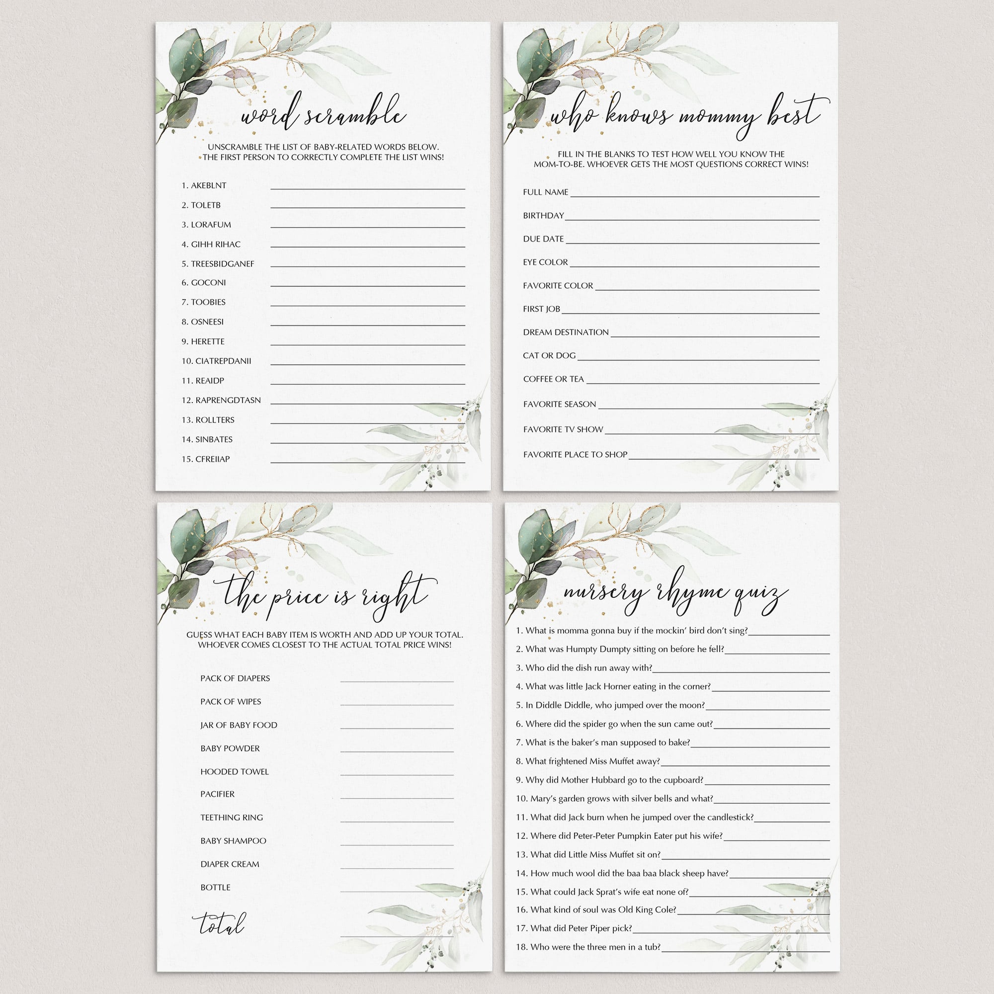 Greenery and Gold Baby Shower Games Bundle Printable by LittleSizzle