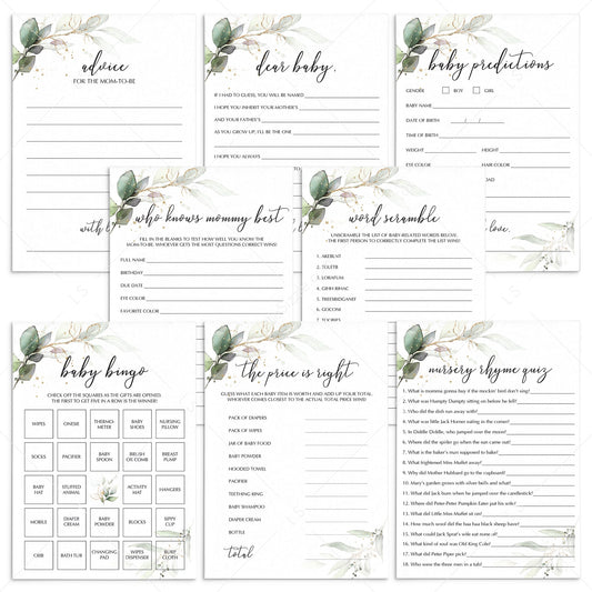 8 Greenery and Gold Themed Baby Shower Games Printable by LittleSizzle