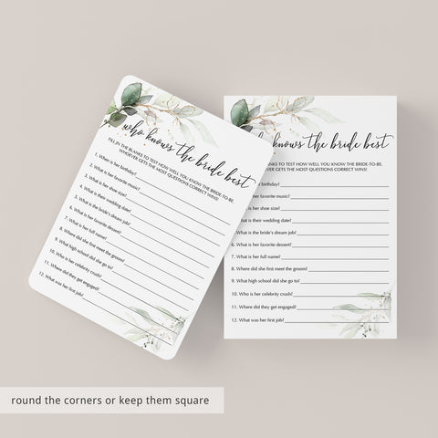 Greenery Bridal Shower Game Who Knows The Bride Best | Printable ...