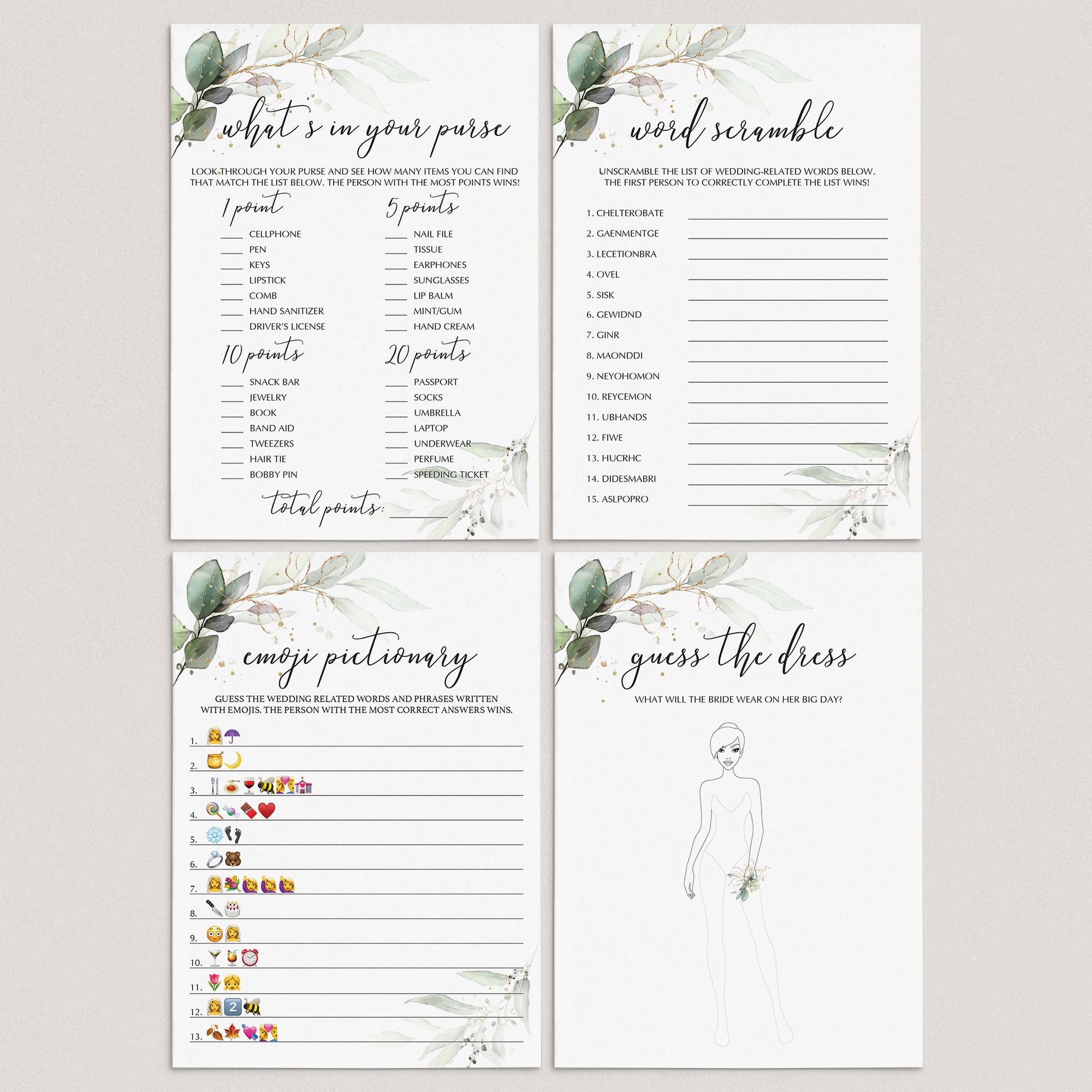 Green Foliage Bridal Shower Games Bundle Printable by LittleSizzle