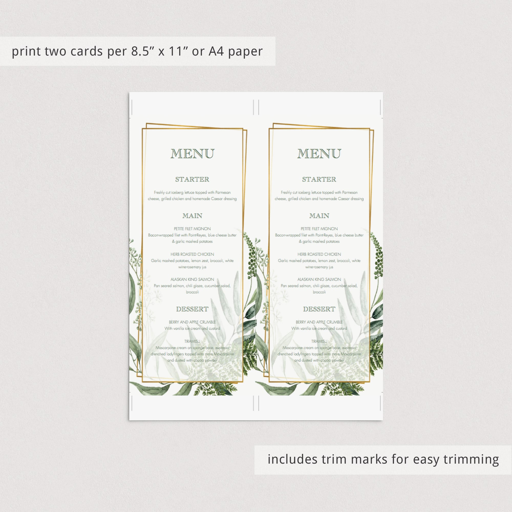 Printable menu card greenery and gold frame by LittleSizzle