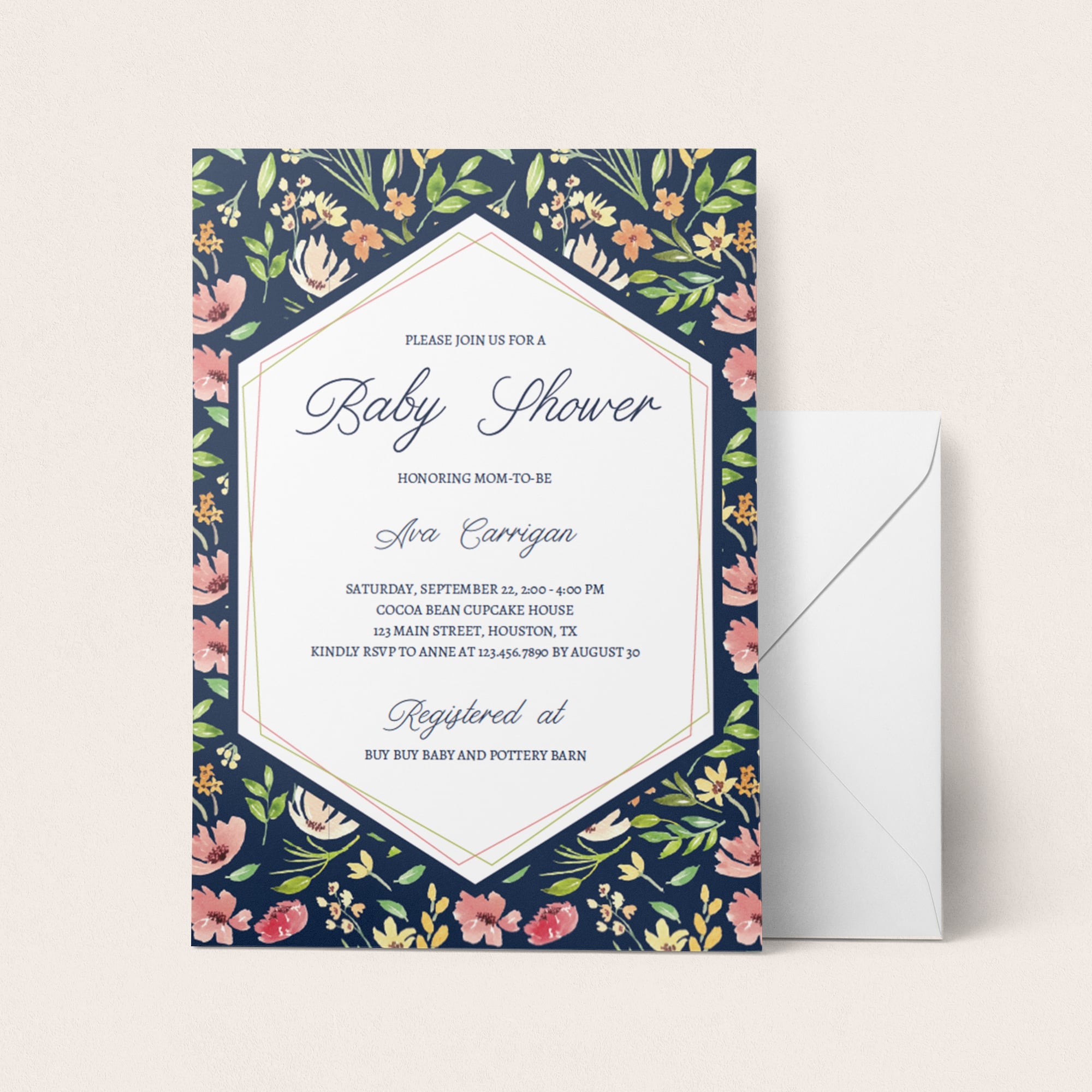 Navy, pink and green floral baby shower invite by LittleSizzle