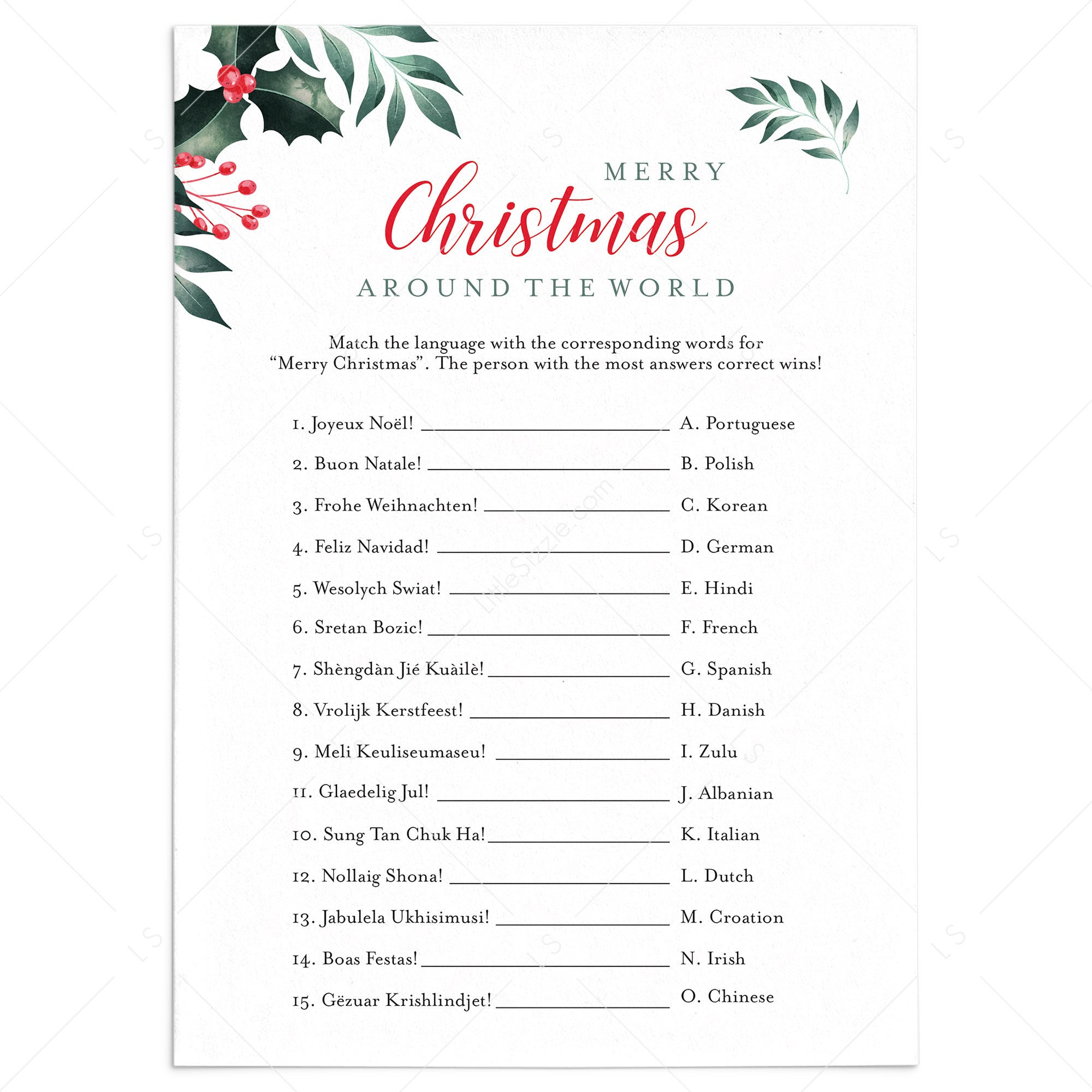 Greenery Merry Christmas Game for Family Printable by LittleSizzle