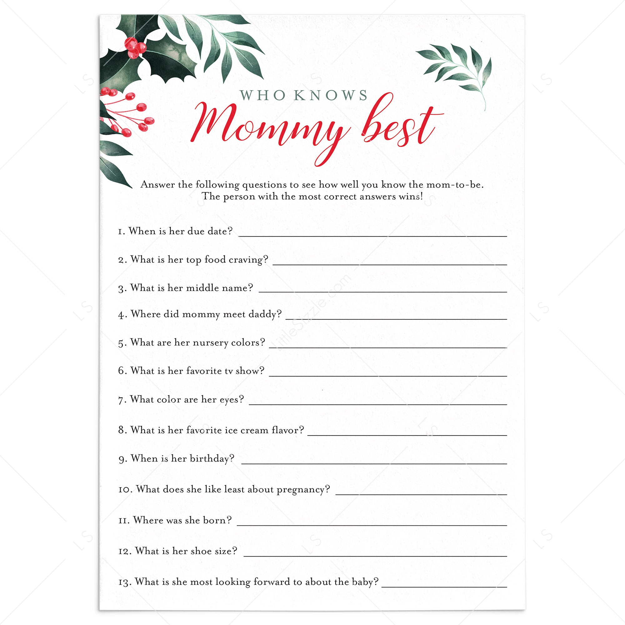 Christmas Baby Shower Game Who Knows Mommy Best Printable by LittleSizzle