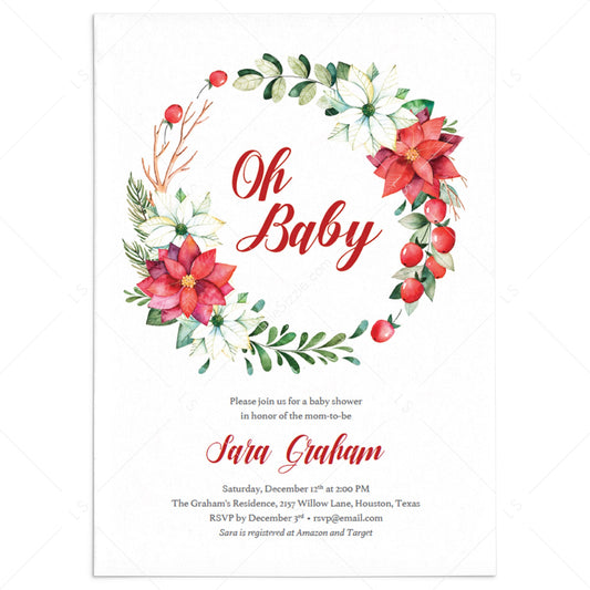 Christmas Baby Shower Invitation with Poinsettia Floral Wreath by LittleSizzle