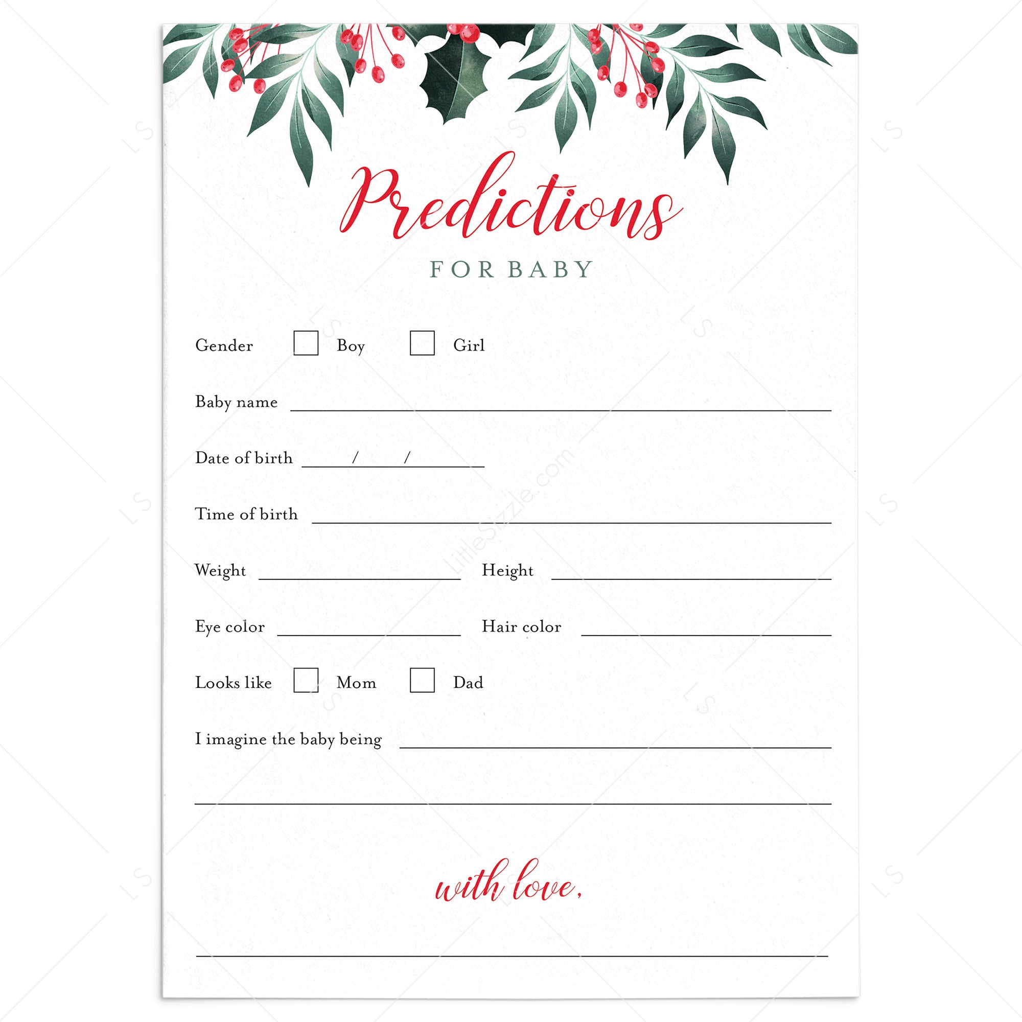 Holiday Greenery Baby Shower Predictions Card Printable by LittleSizzle