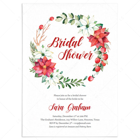 Poinsettia Floral Wreath Bridal Shower Invitation by LittleSizzle