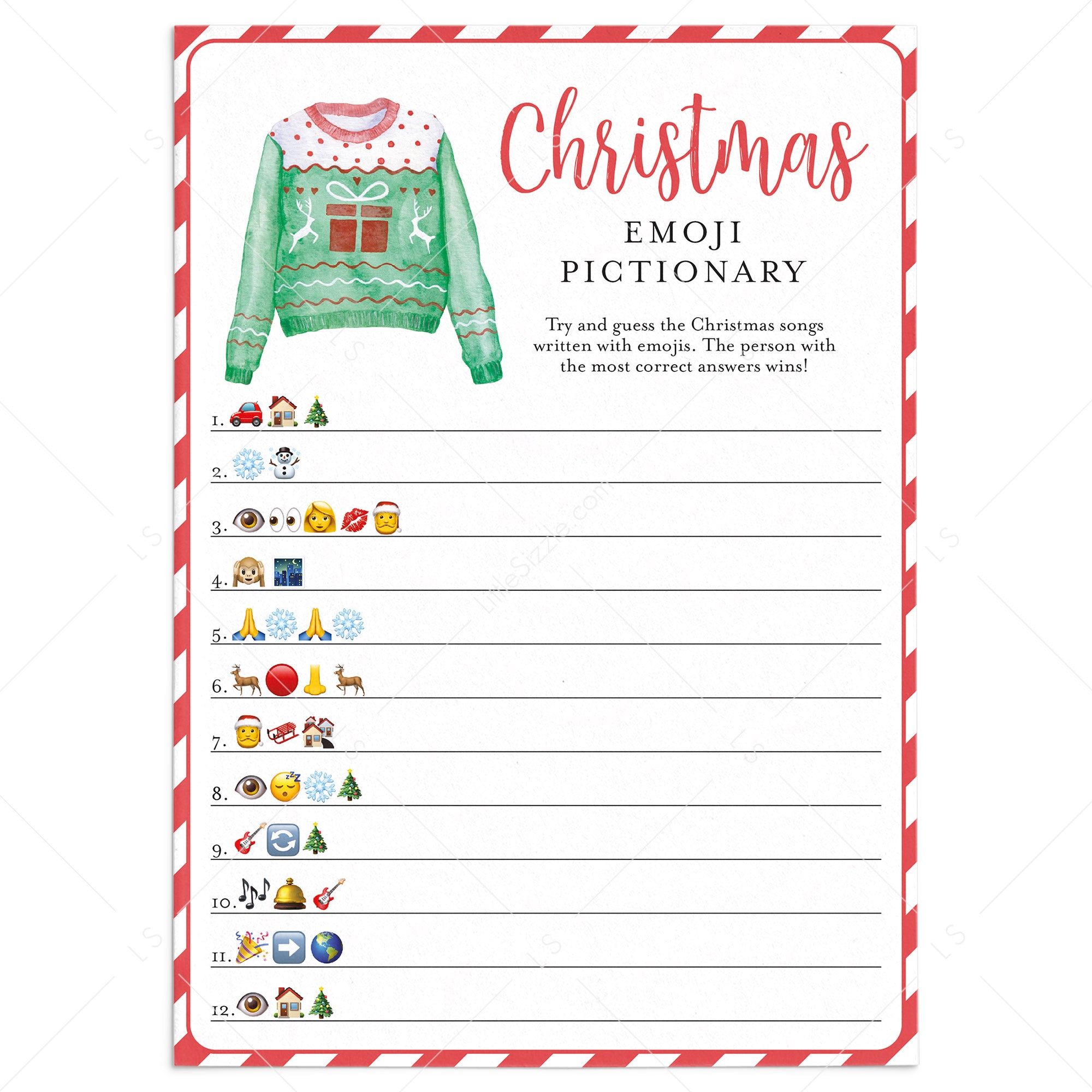 Christmas Carol Emoji Pictionary Game Ugly Sweater Party by LittleSizzle