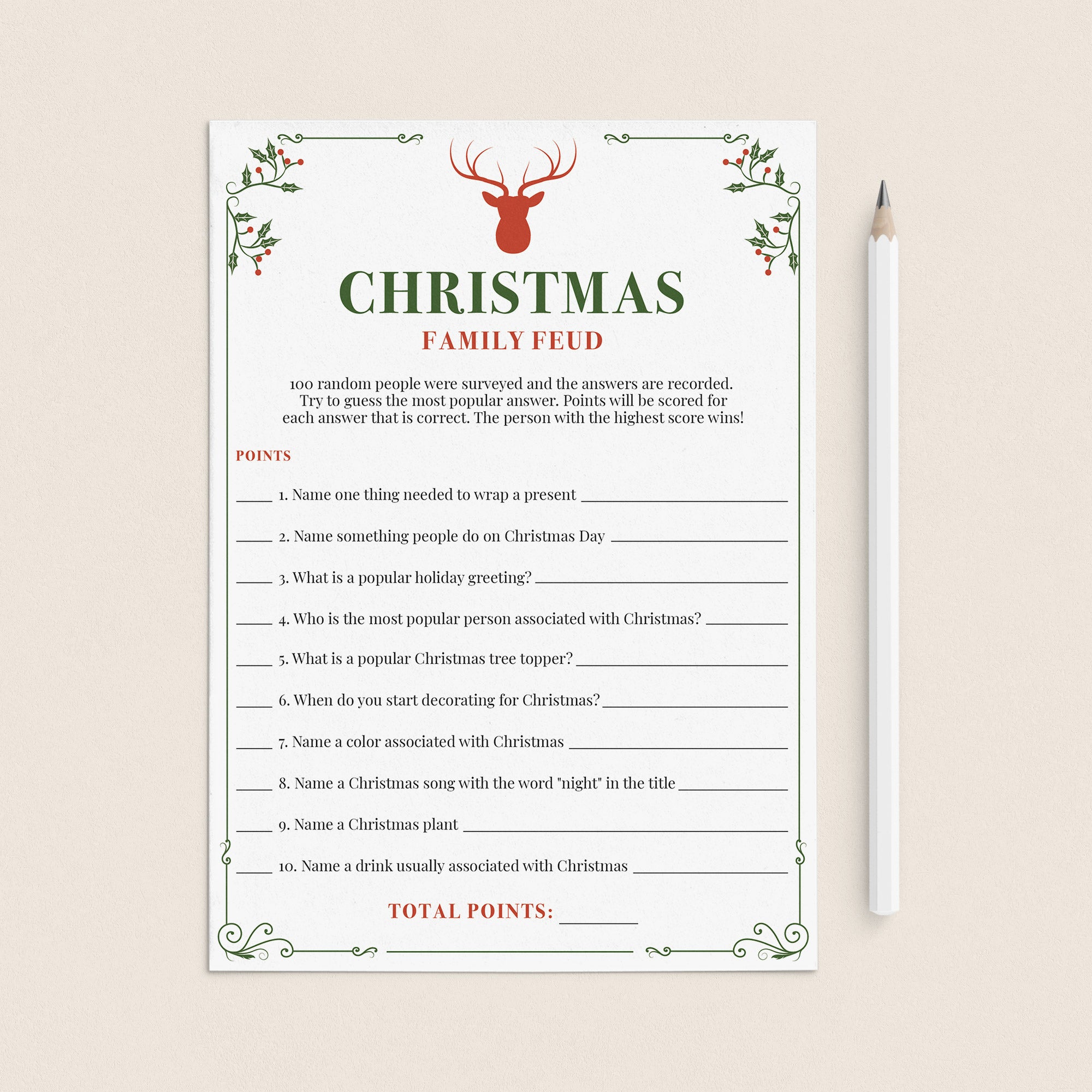 Christmas Family Feud Game Questions and Answers Printable by LittleSizzle